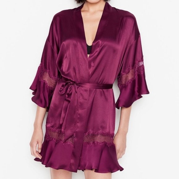 Victoria's Secret Flounce Dressing Gown Robe Kimono Lace Ruffle Satin  Xs Small - Picture 1 of 10